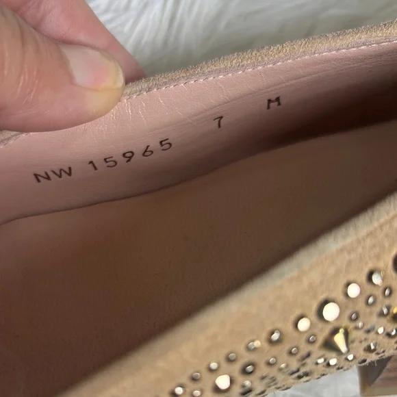 Stuart Weitzman Slipbeads Beige Blush Suede Gold Studded Loafer Flats - Picture 5 of 6